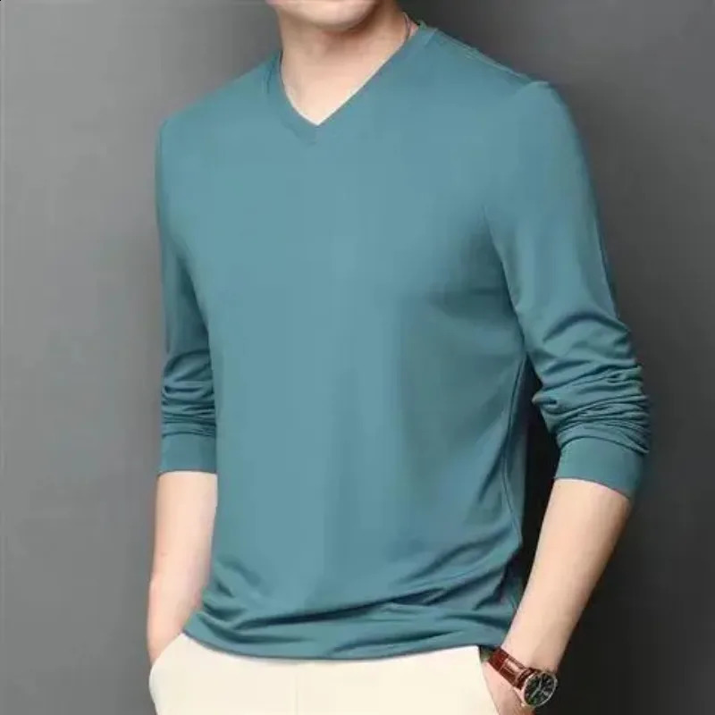 Spring Autumn Men Basic Long Sleeve T-Shirts Streetwear Fashion Slim V-Neck Versatile Male Clothes Casual Bottoming Tops 240820
