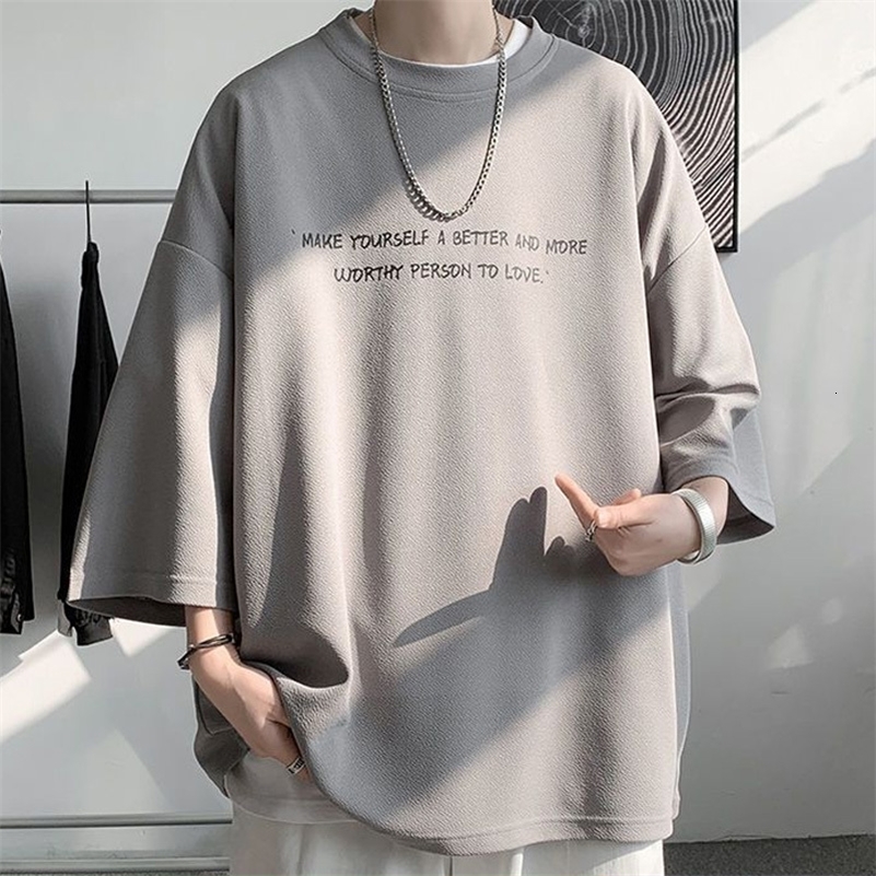 Summer Y2K High Street 34 Sleeve T-Shirts Man Round Neck Printing Oversize Tops Loose Personality Hip Hop Streetwear 240819