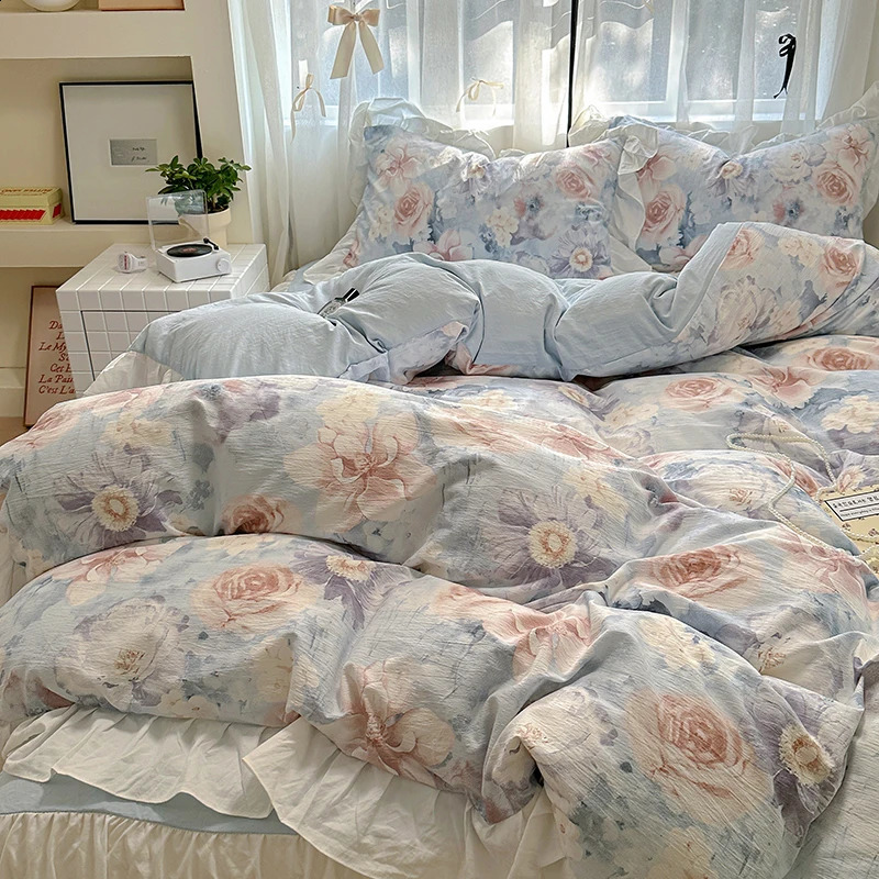 French Romantic Style Bedding Set Princess Skin Friendly And Comfortable Quilt Cover Lace Washed Cotton Printed Duvet Cover Set 240819