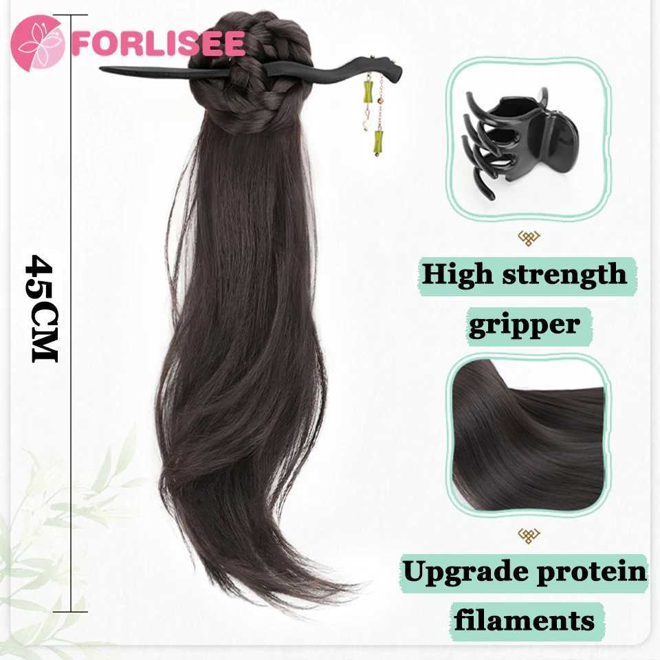 Forlisee synthetic wig ponytail womens ancient Chinese style high ponytail wig claw clip braided hair slightly curled ponytail W240817