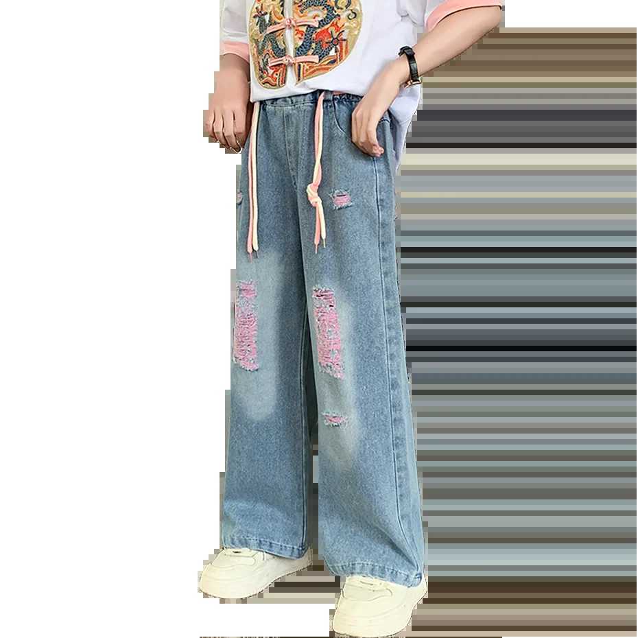 Girl torn jeans big hole jeans girl spring autumn jeans childrens casual style childrens clothing 6 8 10 12 14W240819