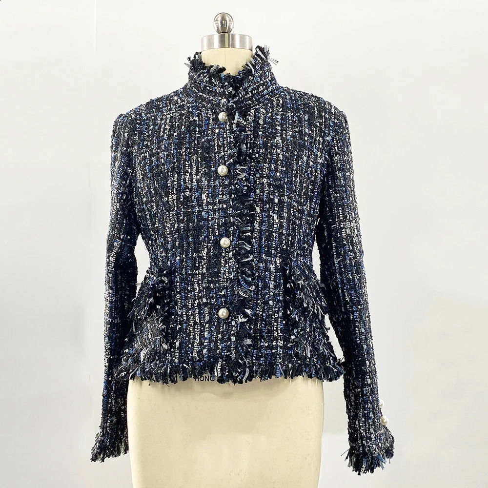 Pink tweed jacket for springautumnwinter womens classic wild wide silk woven 240819