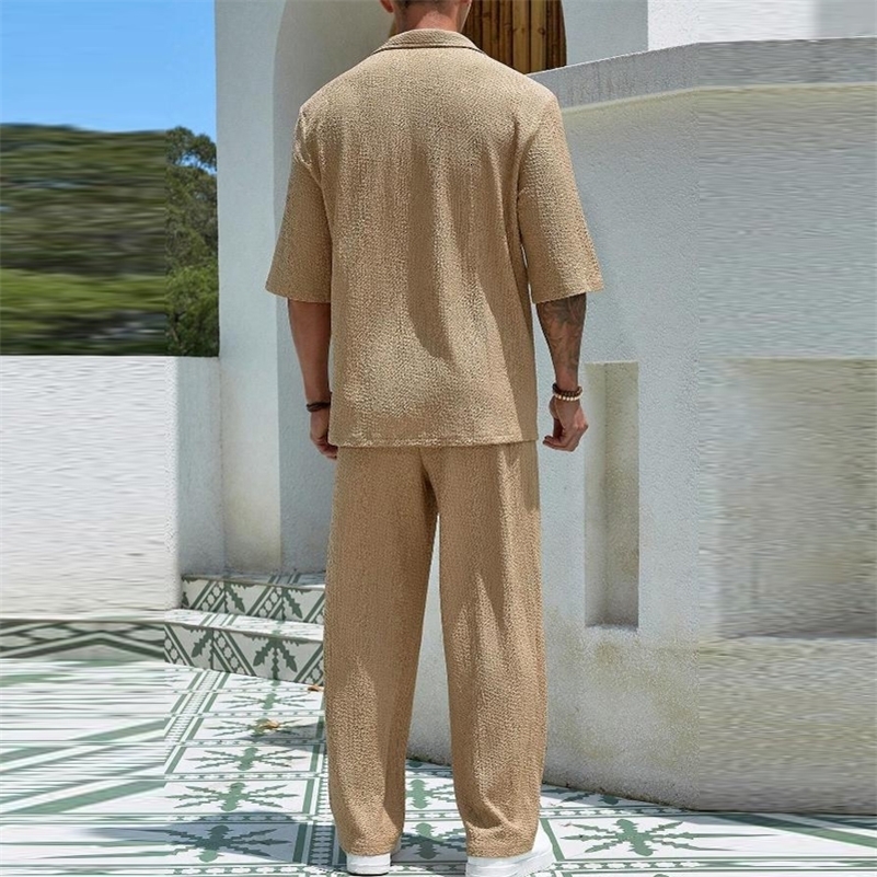 2024 Spring Summer Casual Cotton Shirts And Pants Suits Men Vintage Half Sleeve Irregular Cardigan Two Piece Sets Mens Outfits 240819