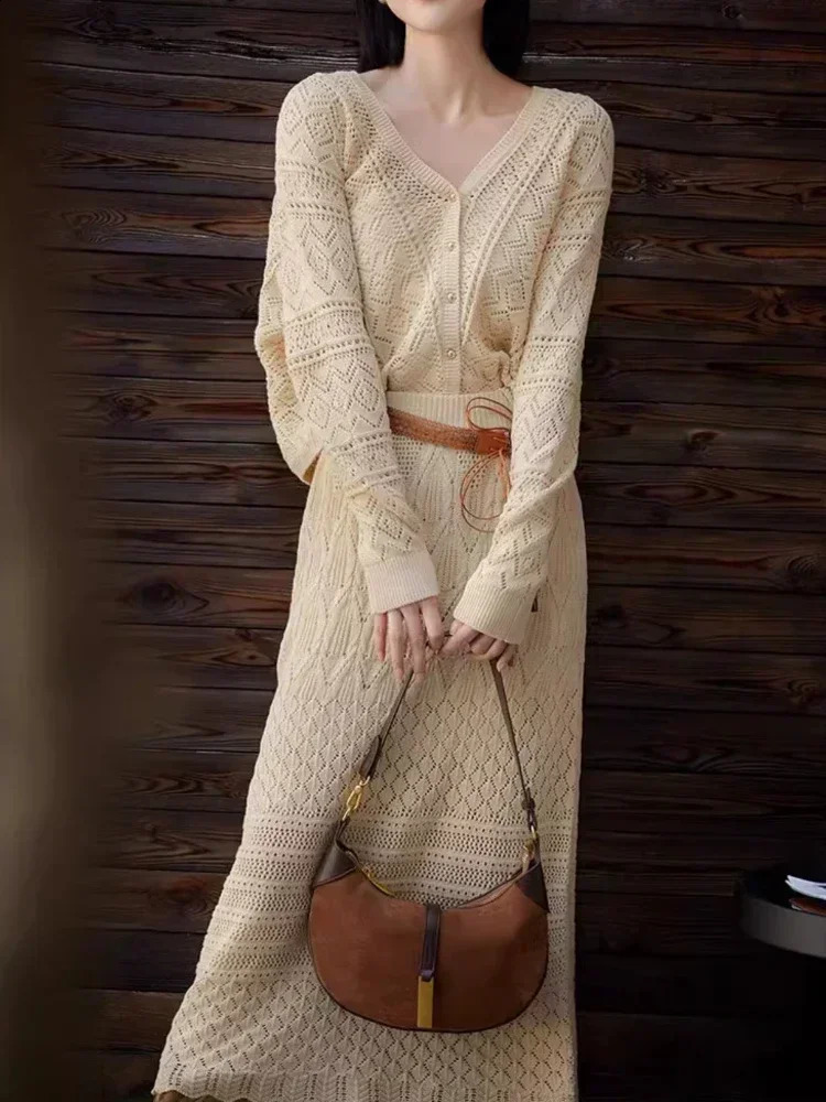 Korean Fashion Slim High Waist Long Skirt Set Autumn Elegant Sets for Women 2 Pieces Loose V-neck Knitted Cardigan Two-piece Set 240820