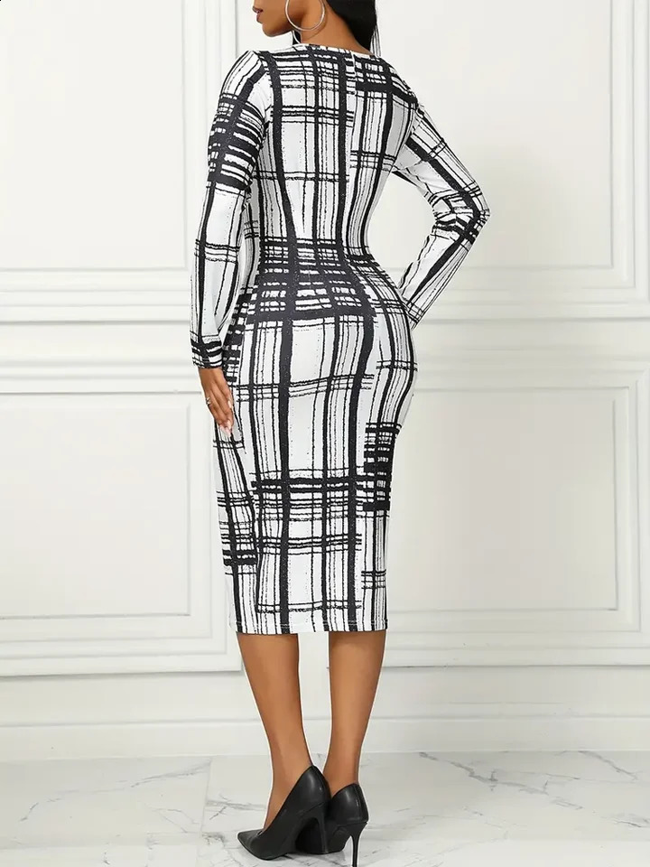 Plaid Print Long Sleeve Dress Casual Crew Neck Dress For Spring Fall Womens Clothing 240819