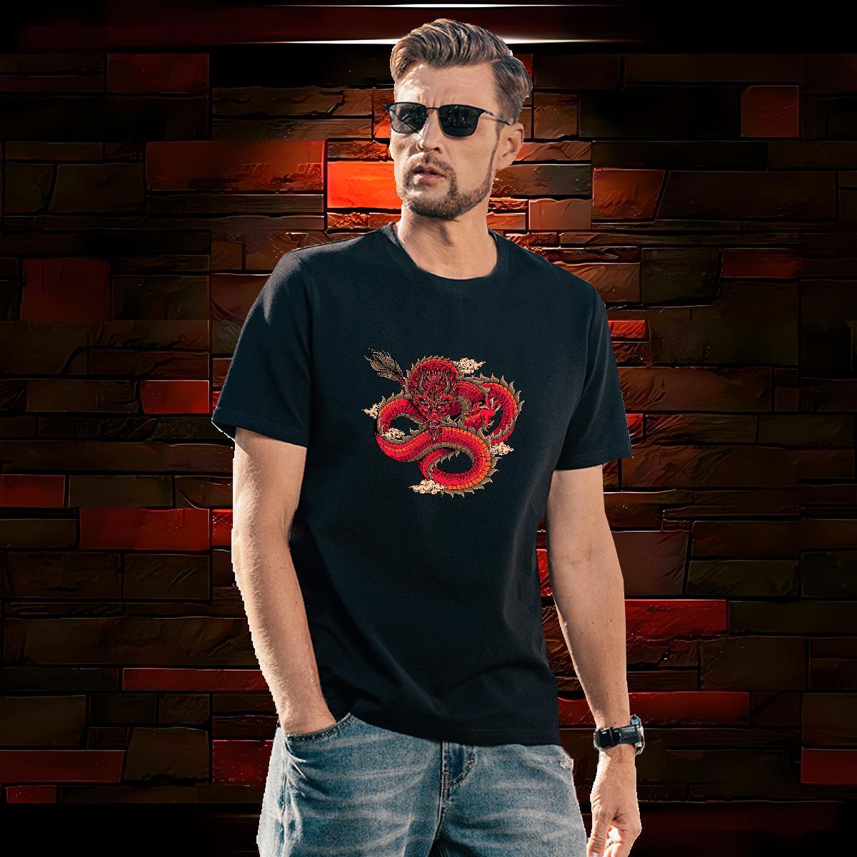 T Shirts Men 230g Pure Cotton dragon Sports Casual Crew Neck Breathable Cartoon Printing L-4XL Tshirts Fashion New Comfortable Clothes