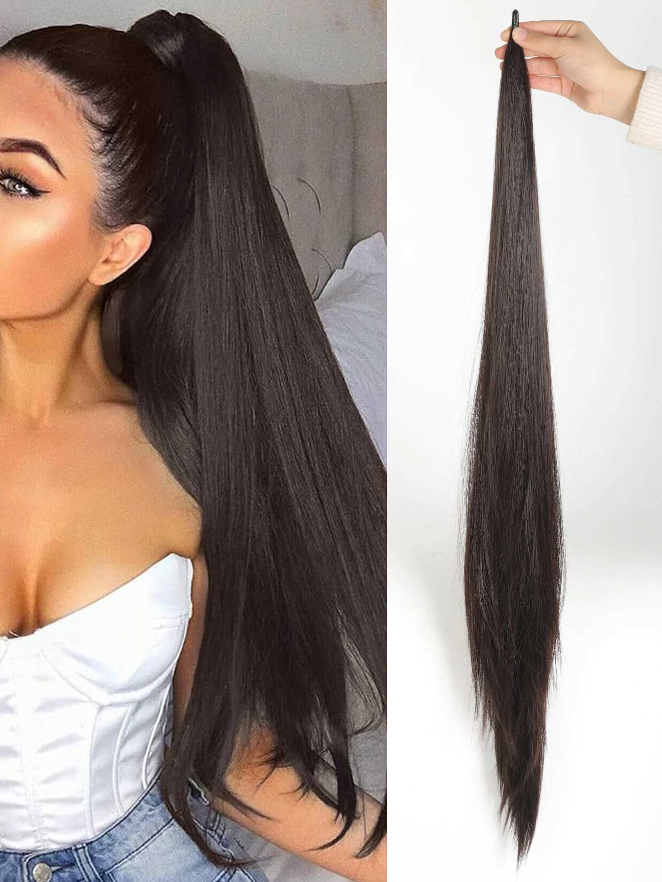 Synthetic 32 inch flexible wrapped ponytail extended long straight ponytail beautiful ponytail womens wig W240817