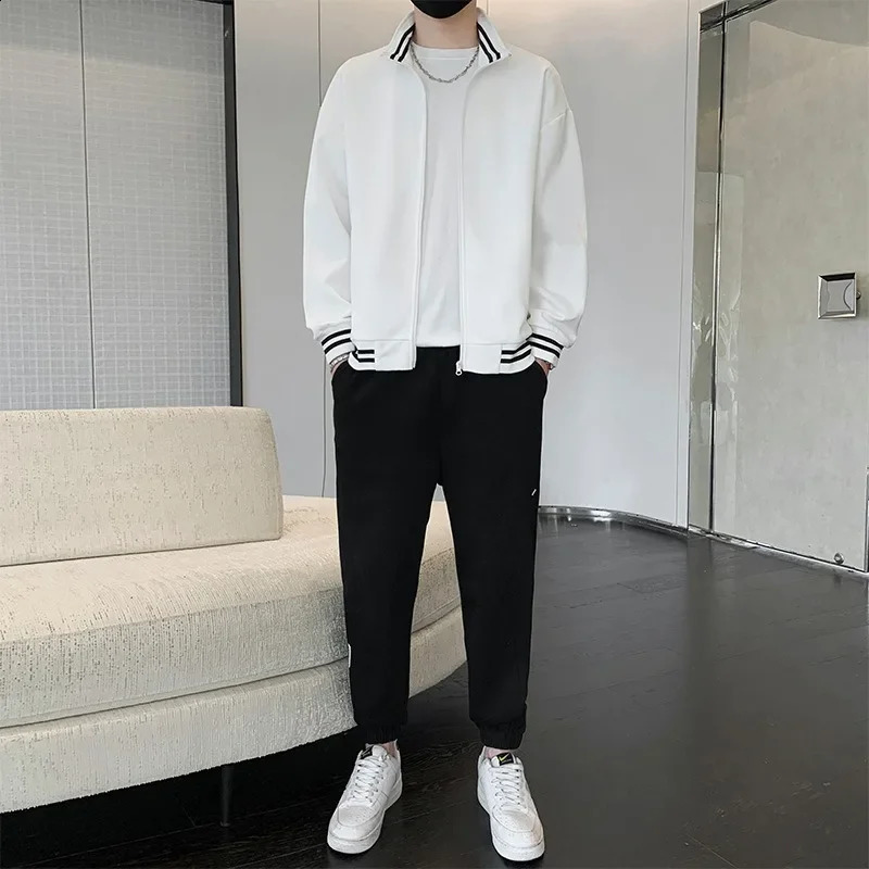 Mens Standing Collar High-end Sweater Mens Set Spring and Autumn Loose Fitting Sports Casual Versatile Cardigan Mens Set 240819