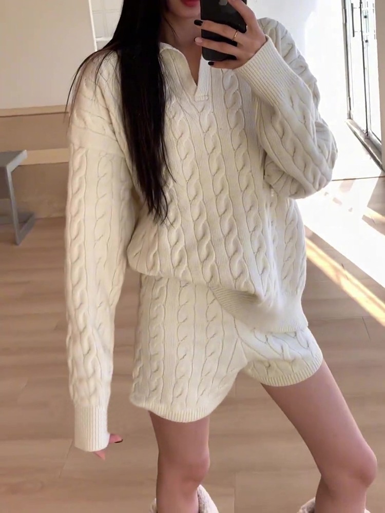 Women's Tracksuits Dropped Shoulder Knit Pants Set Womens Sleeve Knitted Casual Two-piece Sweater Long Sleeve Top Thick Sweaters 240229