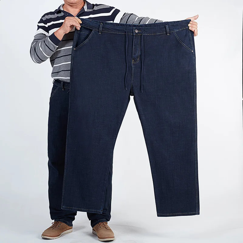 180KG Plus size mens jeans big 56 54 52 autumn thick straight waist dad elastic denim Trouser blue loose pants 240819