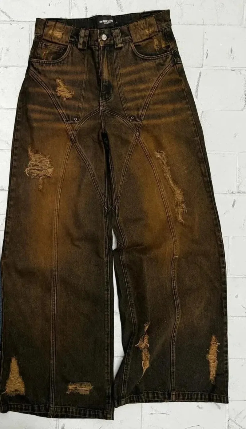 American Fashion Y2K Holes Wash Old Loose Jeans Men Retro Harajuku Hip Hop Pop Gothic High Waist Wide Leg Denim Trousers 240819