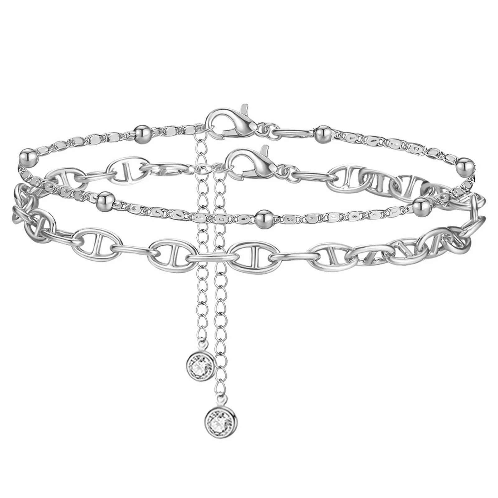 2-piece/set stainless steel anklet set for women gold and silver color chain anklet bracelet for women summer beach leg jewelry W240815