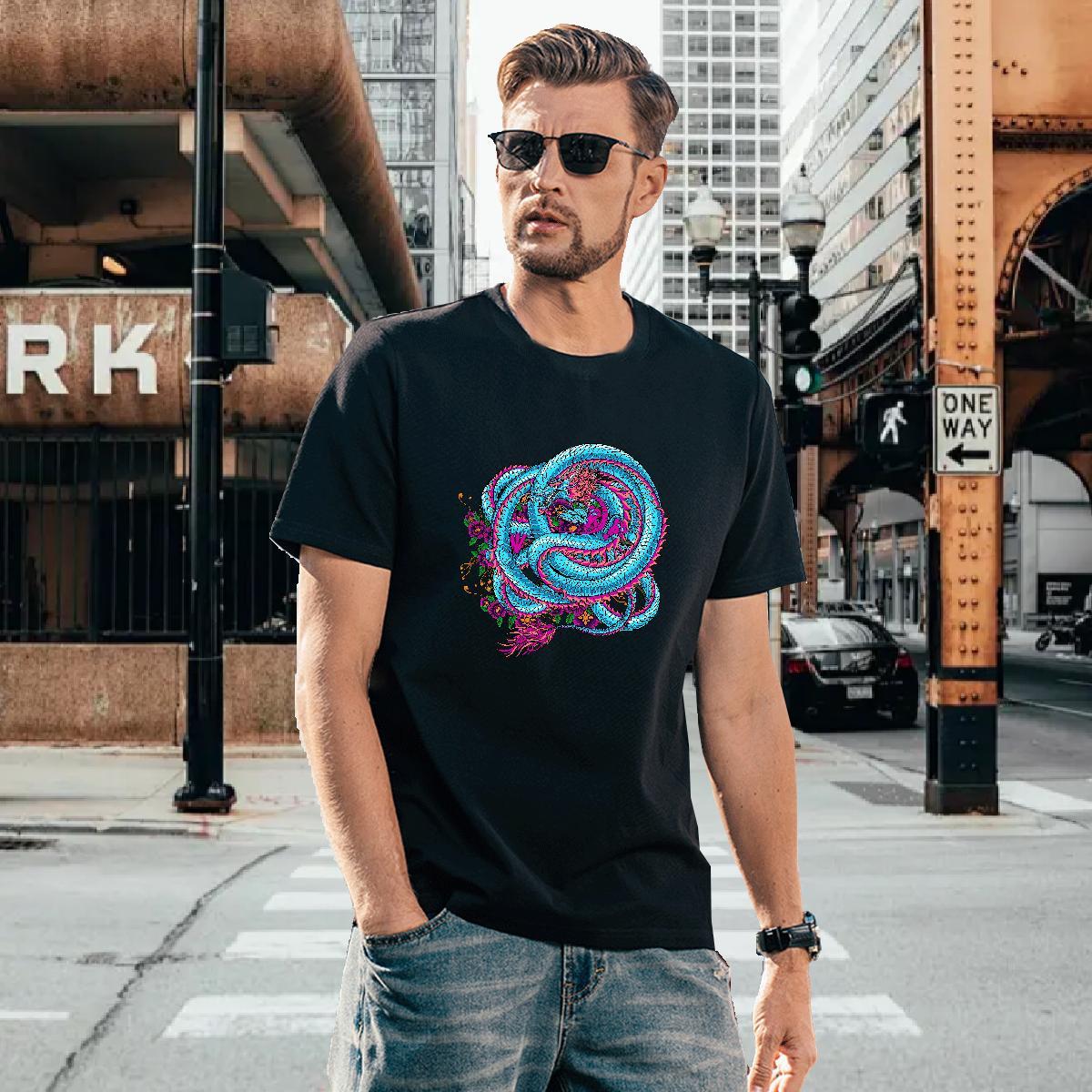 Men T Shirts 230g Pure Cotton dragon Street Casual Crew Neck Breathable DIY Anime Men Tshirts 2024 Summer Loose Fit Tees Shirts