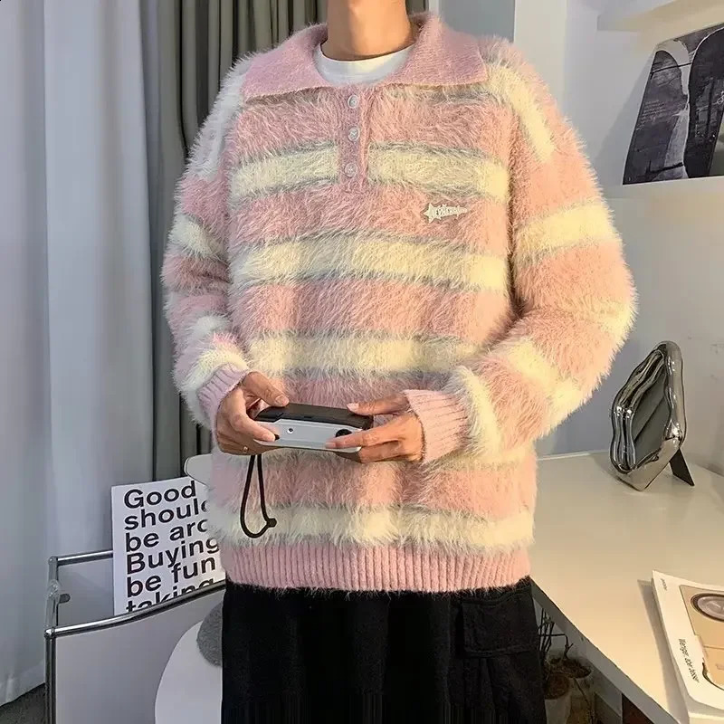 Color blocked striped polo neck knitted top mens autumn/winter preparatory style Japanese couple sweater trend loose top 240820