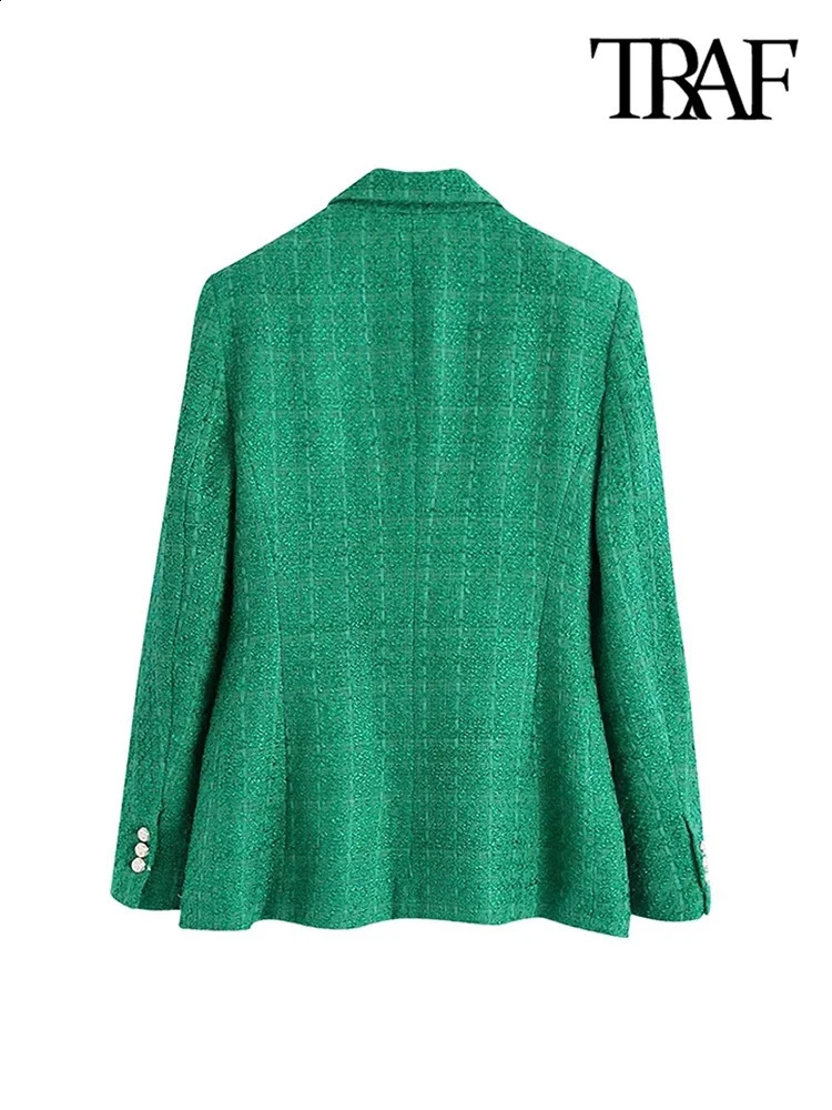 TRAF Womens Fashion Double Chest Coarse Floral Green Jacket Retro Long Sleeve Flip Pocket Coat 240819