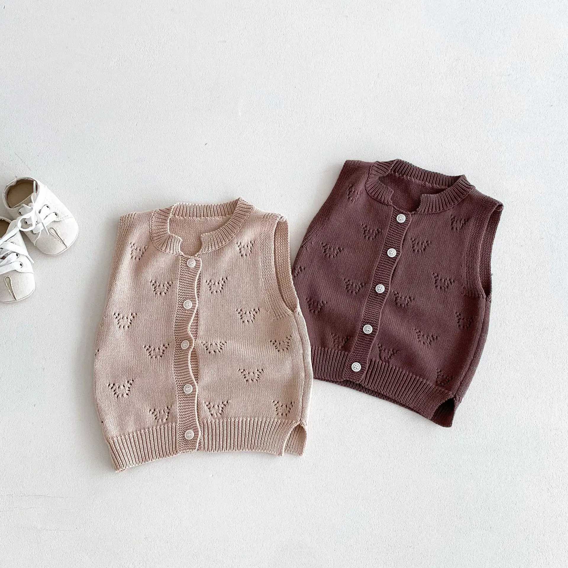 2024 Autumn New Children Vintage Knitted Vest Baby Sleeveless Sweater Coat Girls Solid Hollow Out Knitwear Kids Casual CardiganXJ240819