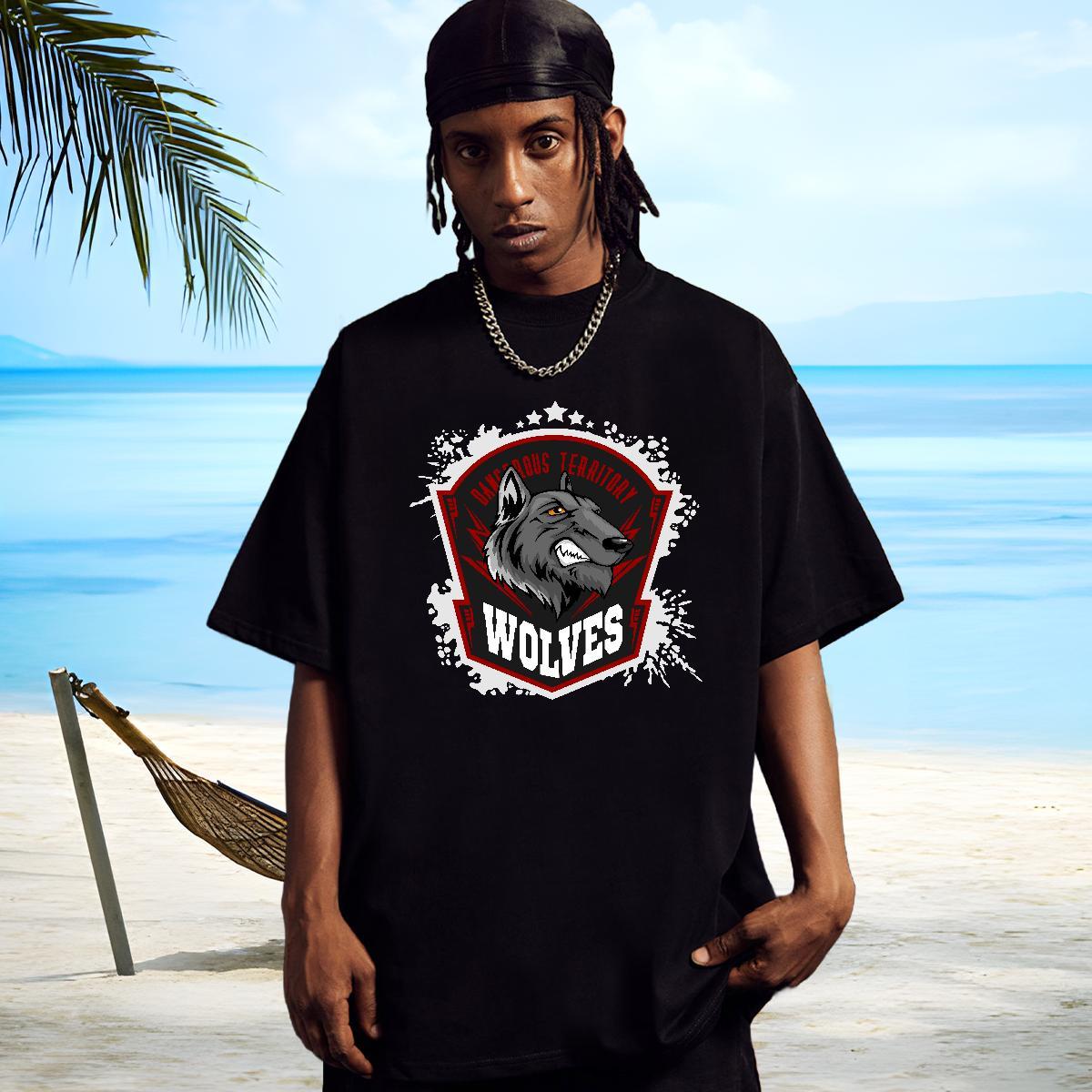 Popular T-Shirts for Men wolf Breathable Crew Neck Street Wear Oversized 4XL 230g Pure Cotton Men Clothes T-Shirt Fashion Casual Tops Shirt