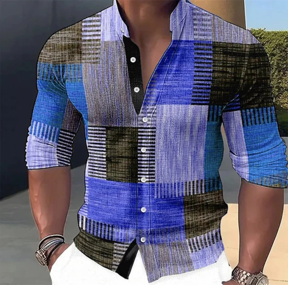 Mens shirt plaidcheck pattern geometric stand collar outdoor street long sleeve fashion streetwear casual 240815