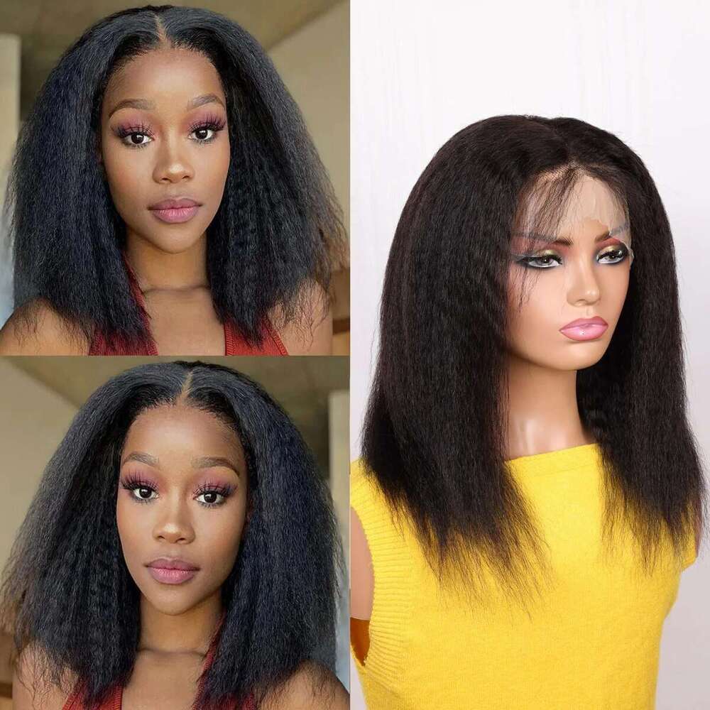 Soft Yaki Preplucked Middle Part Short Bob 16Inch 180Density Kinky Straight Synthetic Lace Front Wig With Baby Hair Glueless