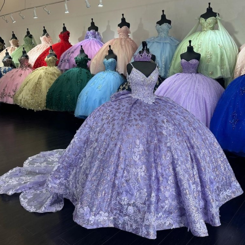 Lavender Sparkly Sexy Spaghetti Strap Quinceanera Dresses Ball Gown Applique Lace Sequin Bow Beads Sweet 16 Princess Dress Gala vestidos de 15