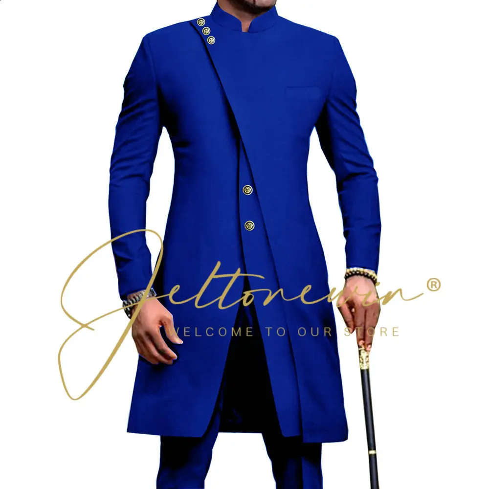 African Style Stand Collar Male Navy Blue Groom Tuxedos For Wedding Costume Groomsmen Man Slim Fit 2 Piece Blazer Pant 240819