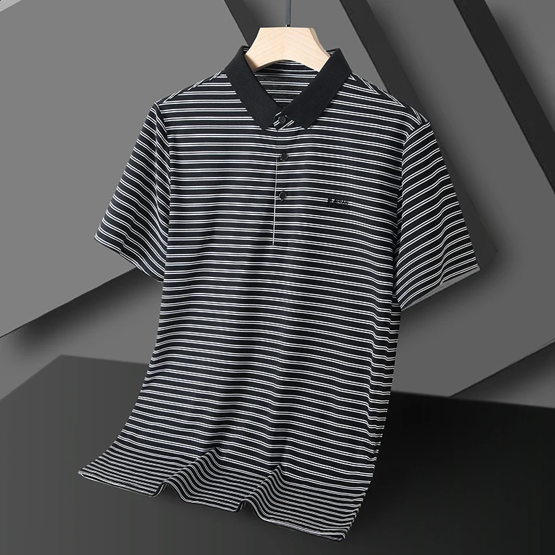 Summer Fashion Striped Polo Shirt for Mens Printed Short sleeved High end Silk Cotton Breathable Business Casual lapel T-shirt 240820