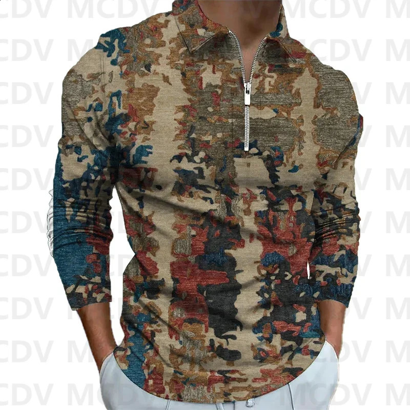 Mens Long Sleeve Zipper Polo Shirt Retro Pattern 3D Printed Polo Long Sleeve T Shirt Autumn Casual Tops 240820