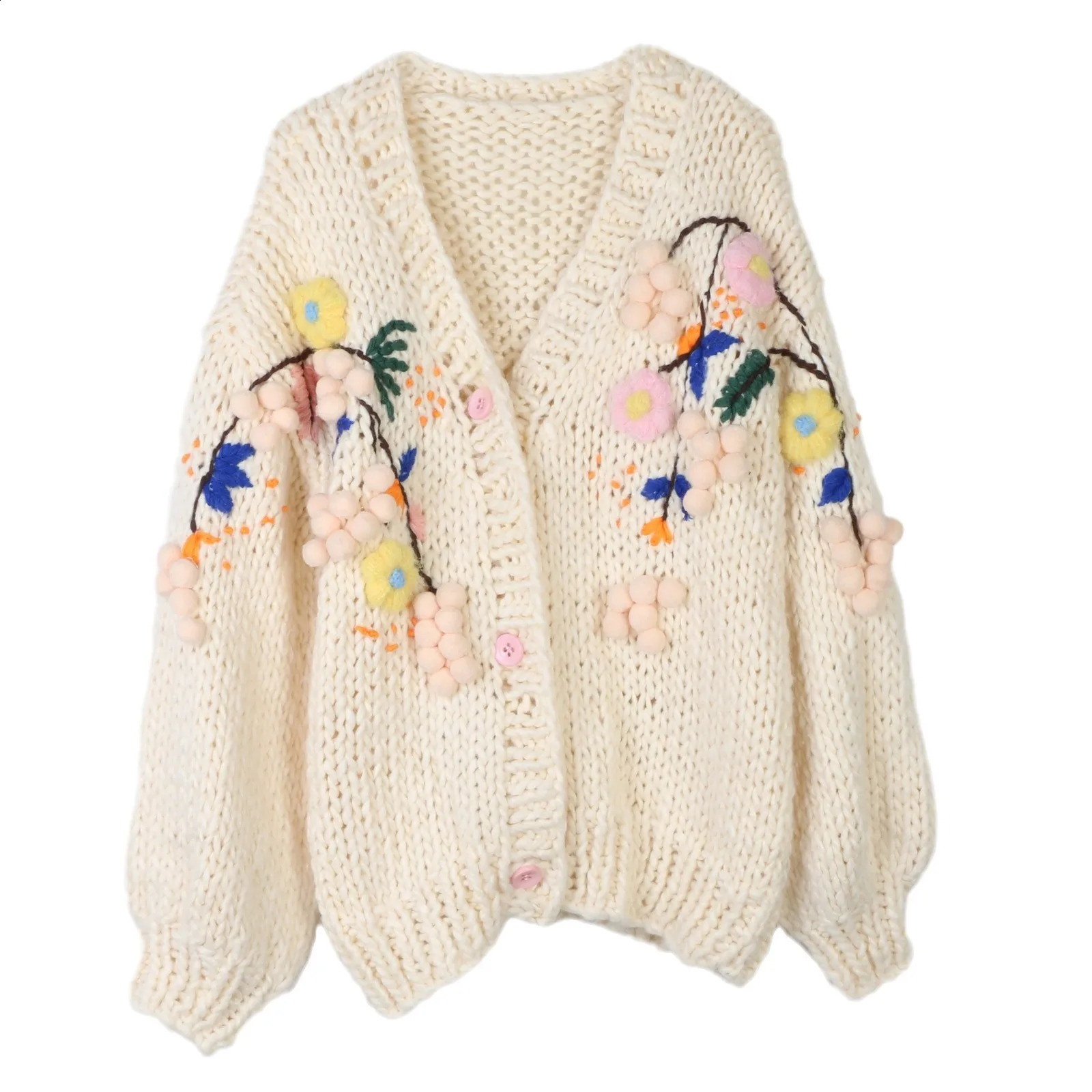 Hook flower loose thick sweater cardigan solid knit long sleeved retro top casual style handmade autumn womens clothing 240819