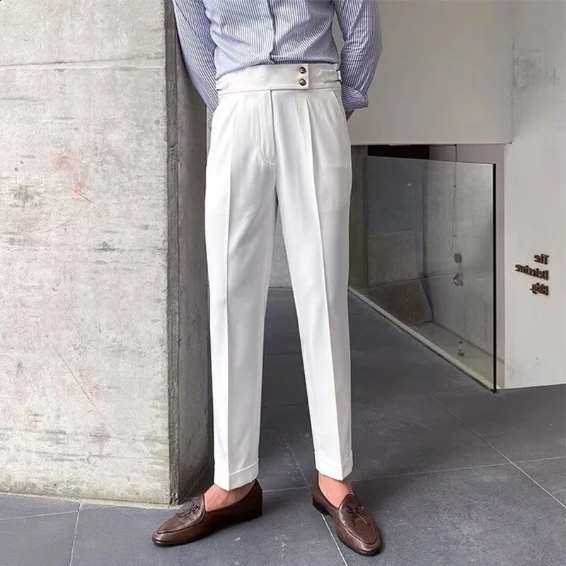 Classy Mens Suit Pants Fall Fashion Buttoned Belted High-waisted Straight Trousers For Men Casual Slim Pants Old Money Aesthetic 240820