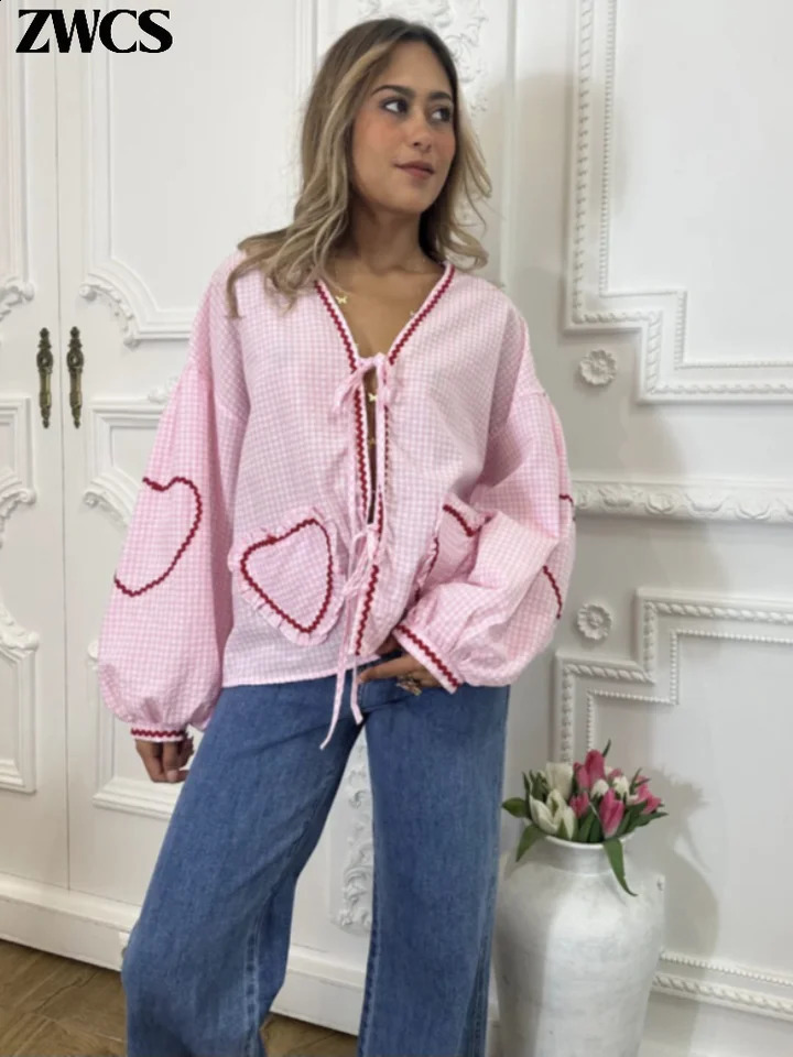 Flat weave bow lace heartshaped pocket womens pink long puff sleeves Vneck casual shirt spring loose top 240819