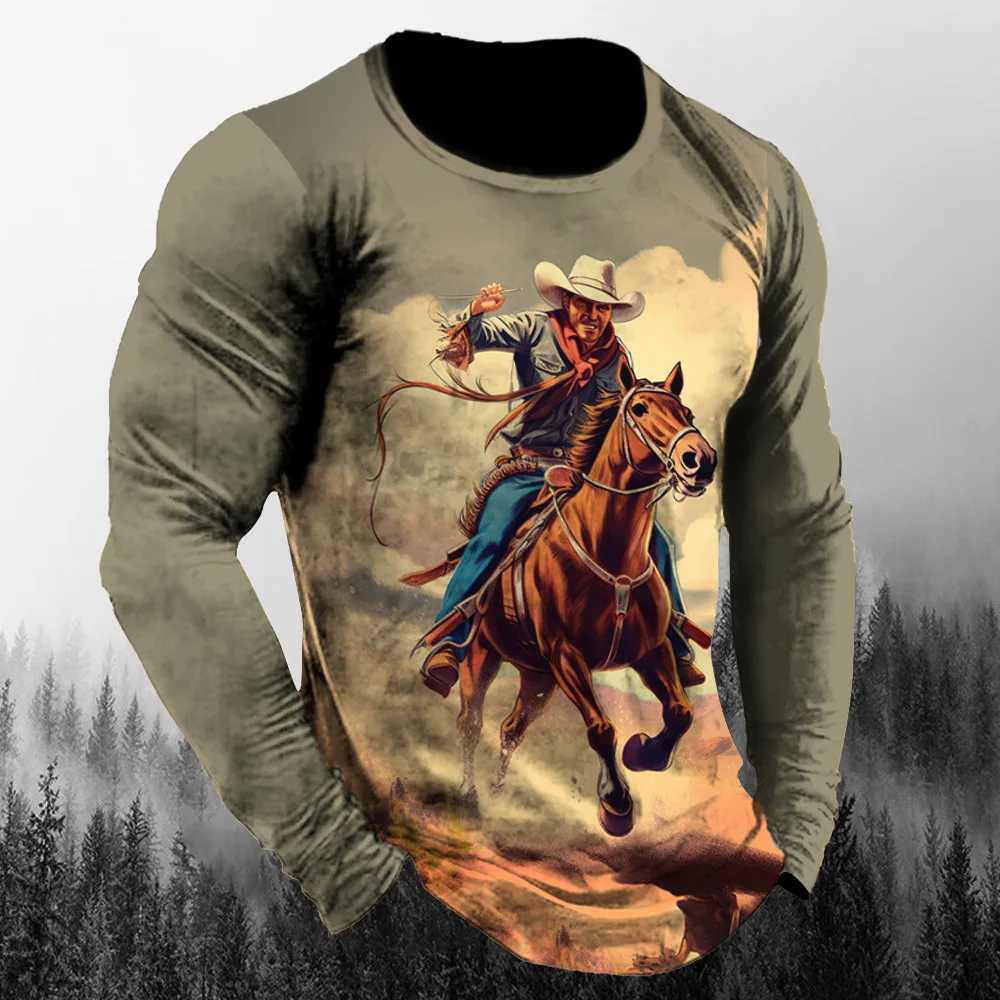 Western Cowboy Retro Tough Guy Style 3d Printing Spring And Autumn Mens Long Sleeved T-Shirt Relaxed And Fashionable Top 6xlXJ240819