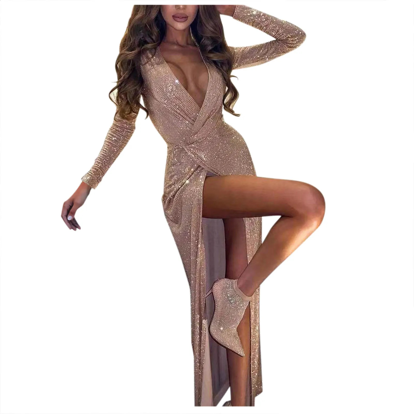 Sexy Deep V-Neck Prom Evening Gowns Women Sequin High Split Party Dress Long Sleeve Elegant Ladies Classic Dinner Dresses 240819