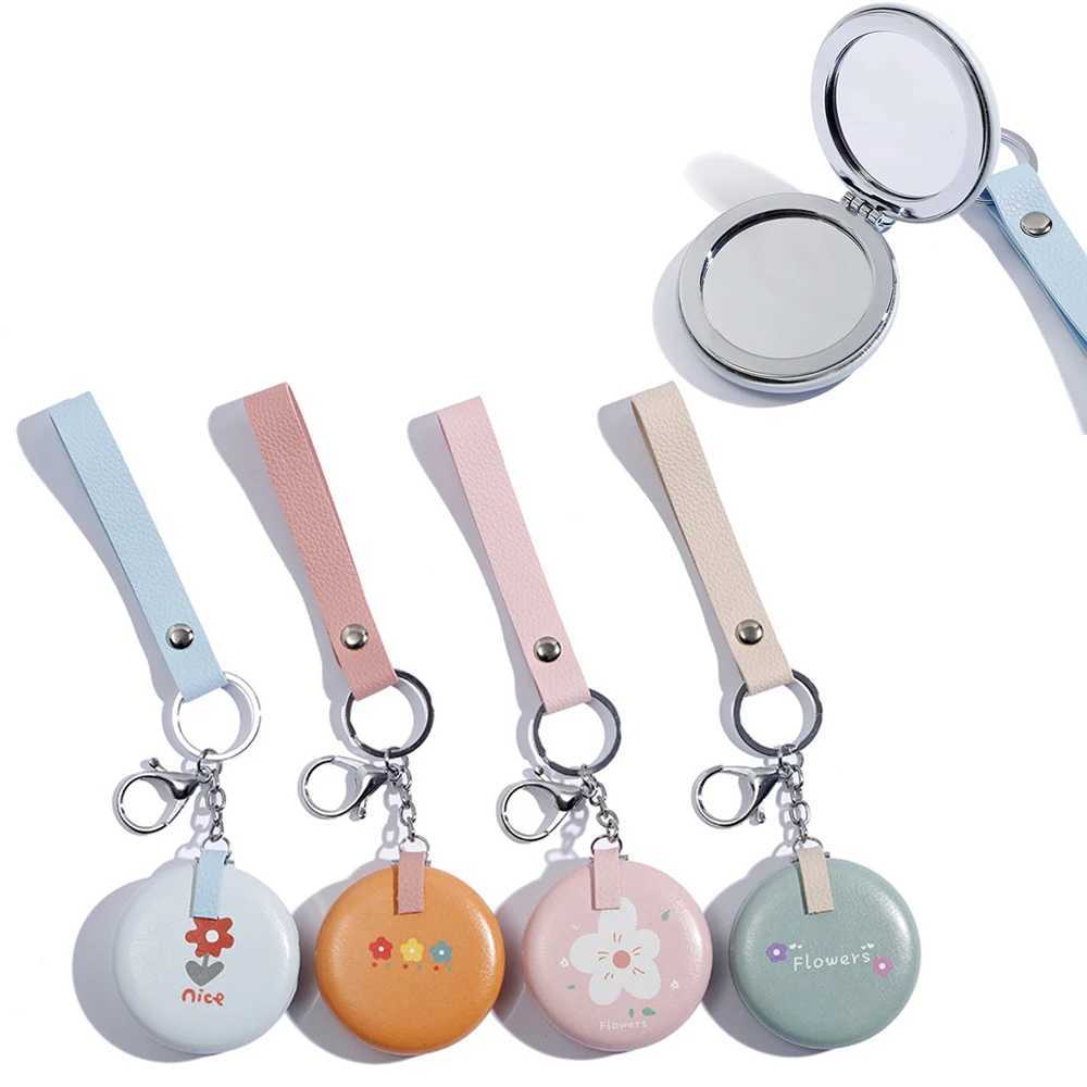 Mini Cute Keychain Round Makeup Mirror Portable Foldable PU Leather Makeup Mirror Keychain Double-Sided Compact Cosmetic Mirror Y240819