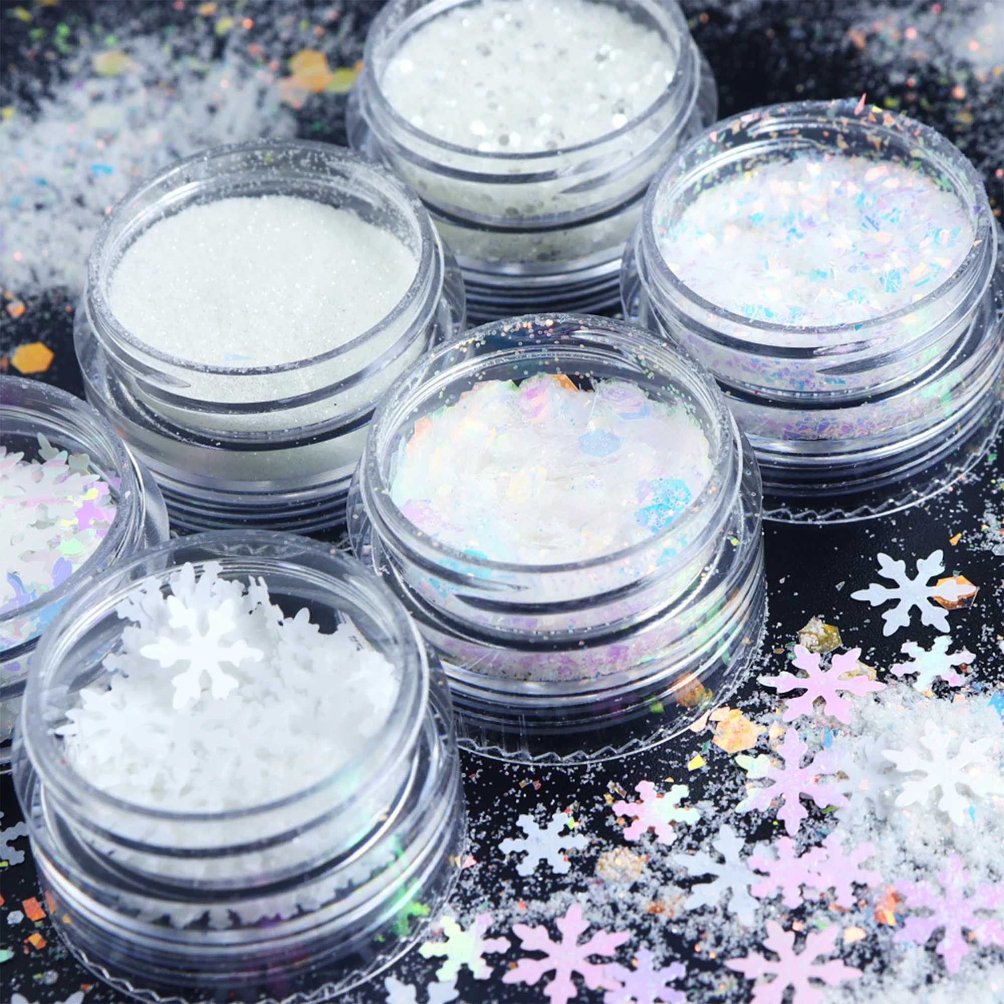 6pcs/set Christmas White Sequins Nail Art Glitter Powder Mermaid Dust Small Flakes Decorations For DIY Nails GlittersXJ240815