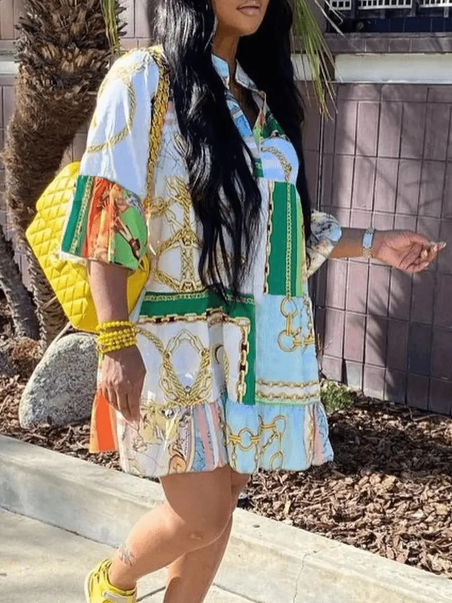 LW Plus Size dresses Chain Print A Line Loose Dress V-Neck Half Sleeve Casual Fashion Summer Female Loose Ladies Vestidos 240819