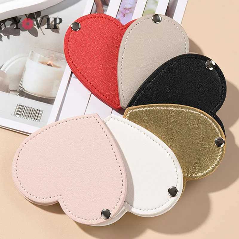 Mini Heart Makeup Mirror Portable PU Cosmetic Mirror Folding Pocket Compact Mirror Travel Accessories Y240819