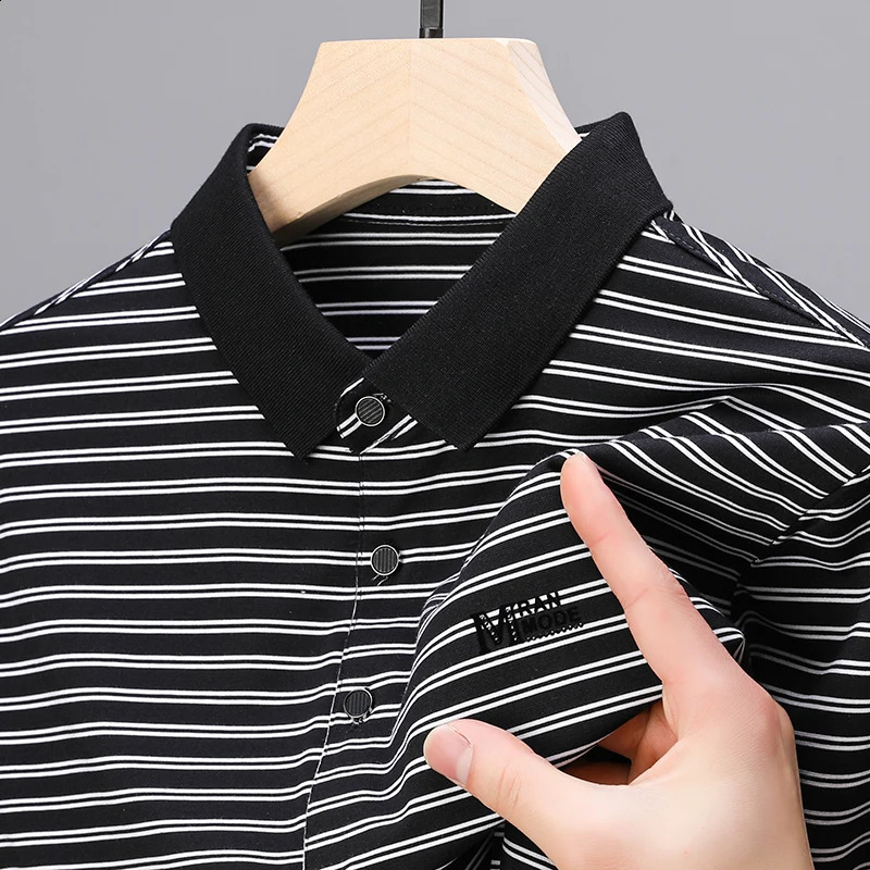Summer Fashion Striped Polo Shirt for Mens Printed Short sleeved High end Silk Cotton Breathable Business Casual lapel T-shirt 240820