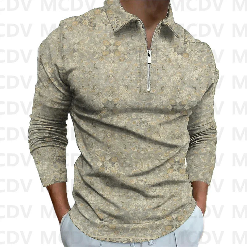 Mens Long Sleeve Zipper Polo Shirt Retro Pattern 3D Printed Polo Long Sleeve T Shirt Autumn Casual Tops 240820