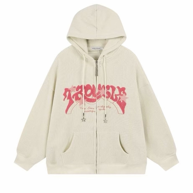 American Vintage Goth Corduroy Zip Up Hoodies For Men Hip Hop Fashion Foam Print Jacket Womens Y2K Streetwear Sweatshirts 240819