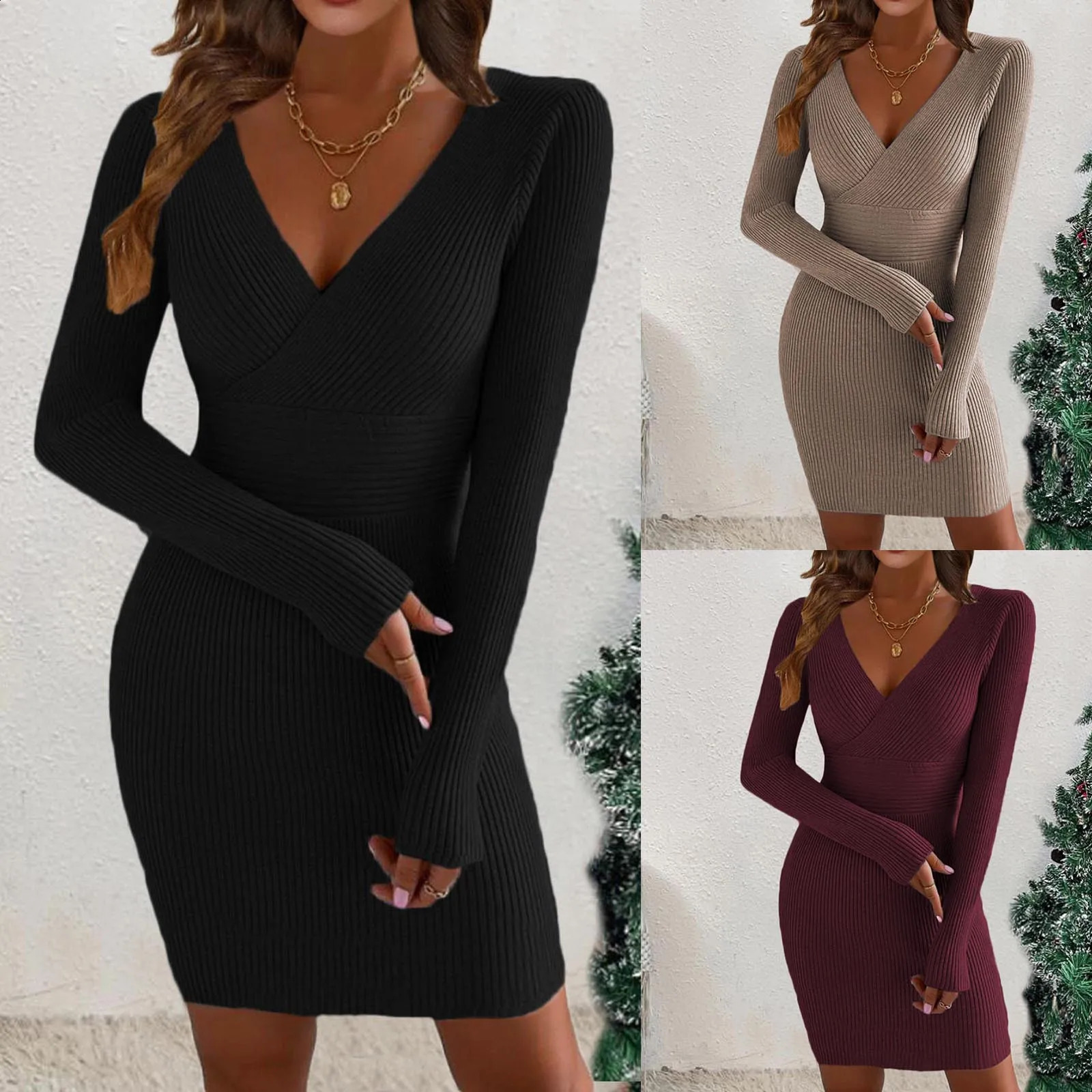 Womens Sexy Knitting Sweater Dress In Autumn And Winter Cotton Tee Dress 240819