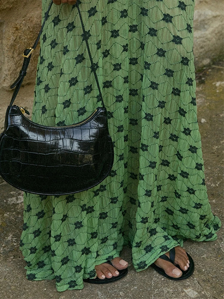 Printed Green Long Dress Women Square Collar Long Sleeve Slim High Waist Hip Package Dresses Female Elegant Evening Holiday Robe 240819