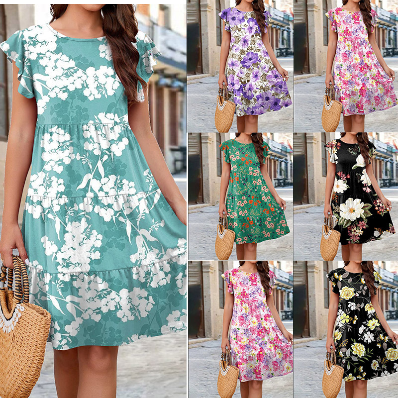 Knitted Printed Cake Flying Sleeve Casual Dress