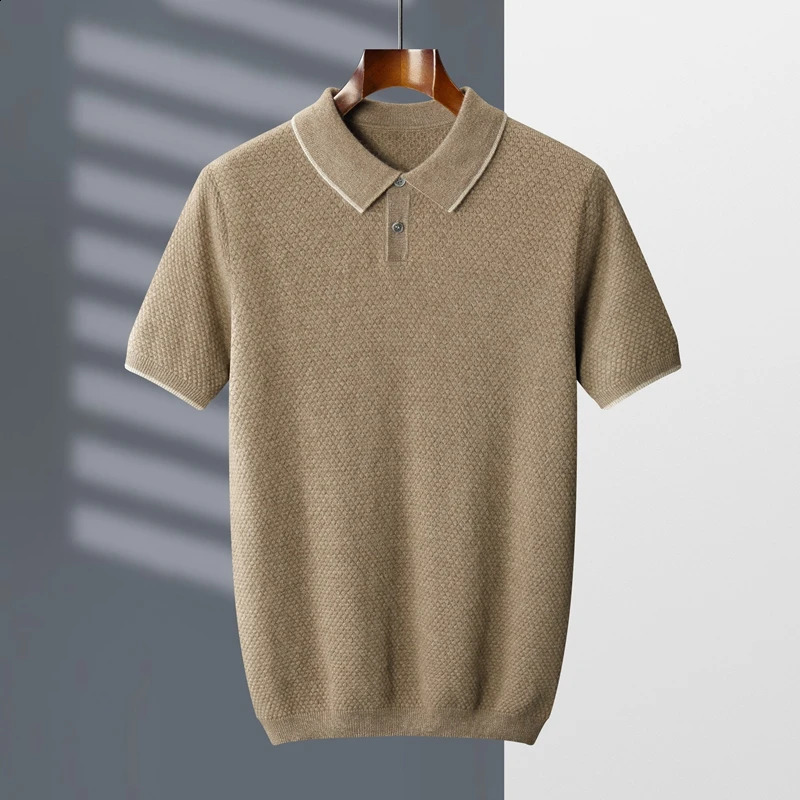 100 Cashmere TShirt Mens POLO Neck Short Sleeve Spring And Summer 2023 Fashion Knitted Pullover Vest 240819