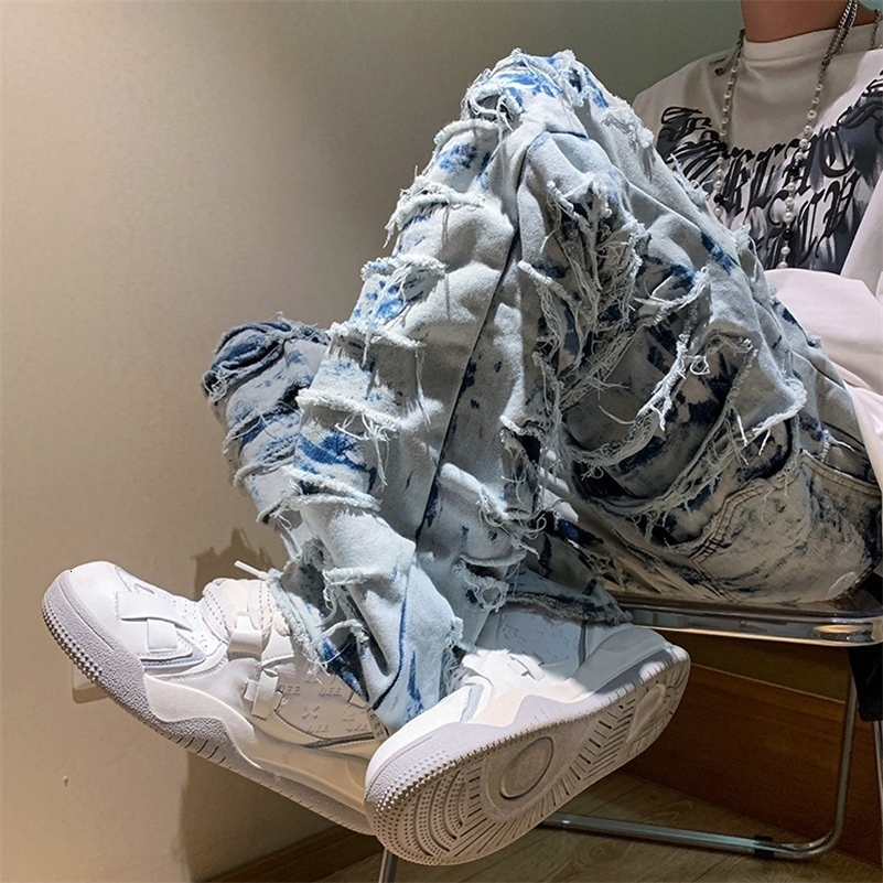 American high street erosion destroys raw edge Y2K retro jeans mens trendy straight tube slim flared pants foreign trade 240819