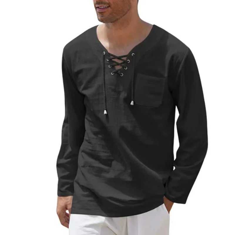 Summer New Mens Long Sleeves T-shirt Cotton Linen Clothes V Neck Lace-up Loose Tops Tees Shirt Beach Casual Pullover S-4XLXJ240819