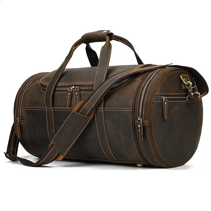 Fashion Genuine Leather Mens Travel Bag Cowhide Luggage Bag For Man Crazy Horse Leather Crossbody Hand Luggage Shoulder Bag 240819