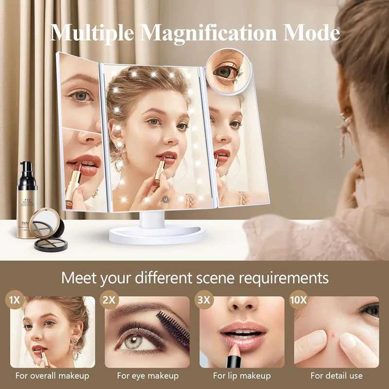 Amplifying triple stack makeup mirror three color intelligent touch light standing desk Led makeup mirror Y240819