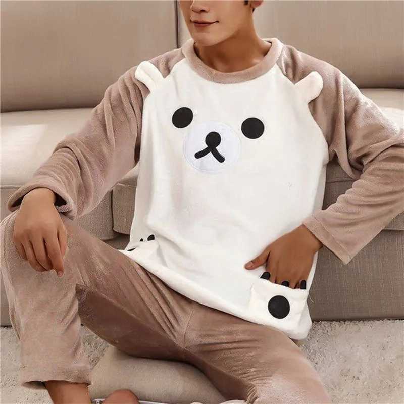Mens Winter Warm Flannel Pajama Set Long Sleeve Thick Mens Coral Velvet Cute Cartoon Pajama Set New PajamaW240719