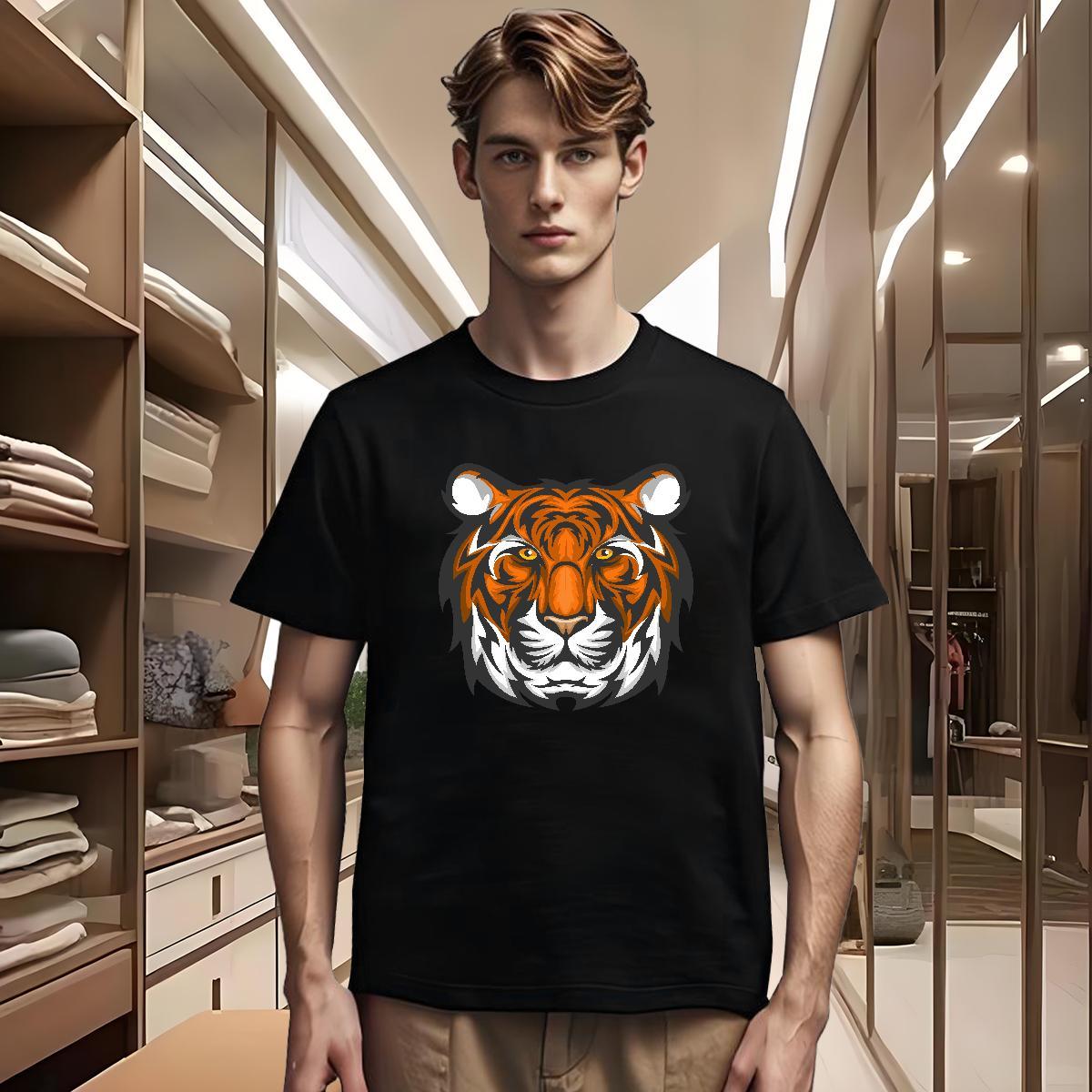 Fashion Men Tshirts tiger Sports Casual 100% Cotton 230g Tees Shirts Breathable Crew Neck Classic T-Shirts Cartoon Printing L-4XL