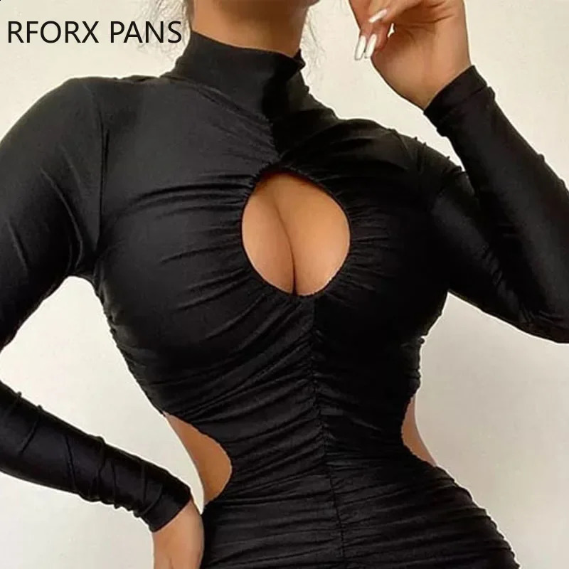 Women Chic Solid Keyhole Turtleneck Midriff Long Sleeves Shirring Mini Bodycon Party Sexy Dress 240819